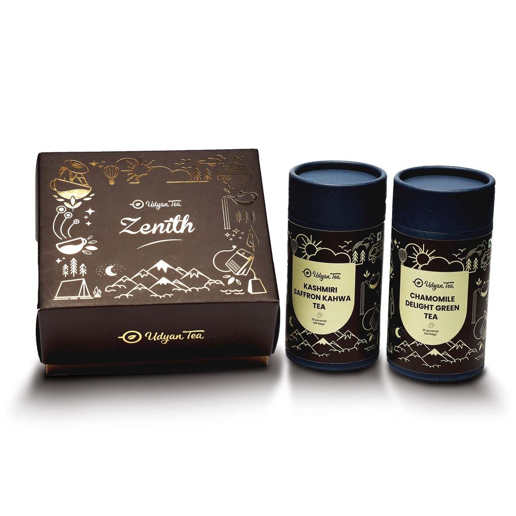Udyan Tea ZENITH Gift Box - Kashmiri Saffron Kahwa & Jasmine Jade in Pyramid Tea Bags - Elevate Your Tea Experience to New Heights