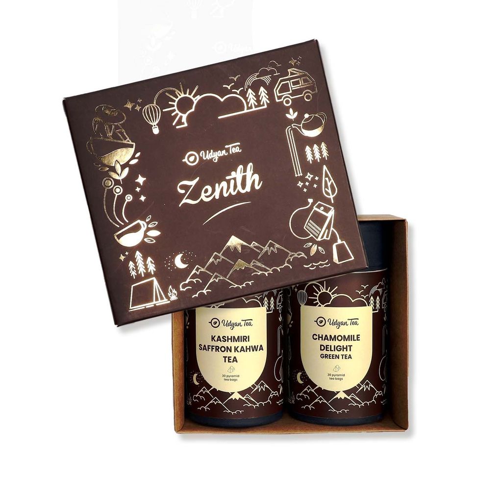 Udyan Tea ZENITH Gift Box - Kashmiri Saffron Kahwa & Jasmine Jade in Pyramid Tea Bags - Elevate Your Tea Experience to New Heights