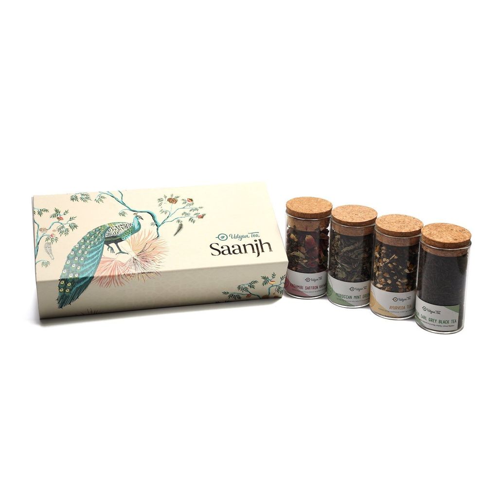 Udyan Tea SAANJH Luxurious Festive Box - 4 Borosilicate Glass Jars with Cork Lids - Perfect Gift for Special Occasions