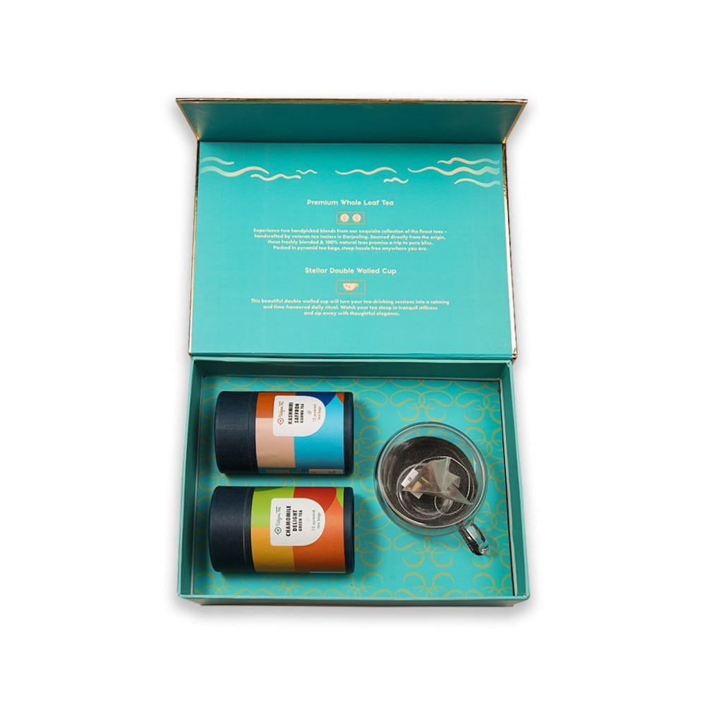 Udyan Tea Travel & Tea Gift Box - Premium Pyramid Tea Bags Set with Kashmiri Saffron Kahwa & Chamomile Delight, Includes Stylish Double-Walled Glass Cup