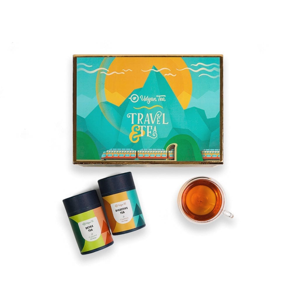 Udyan Tea Travel & Tea Gift Box - Premium Pyramid Tea Bags Set with Kashmiri Saffron Kahwa & Chamomile Delight, Includes Stylish Double-Walled Glass Cup