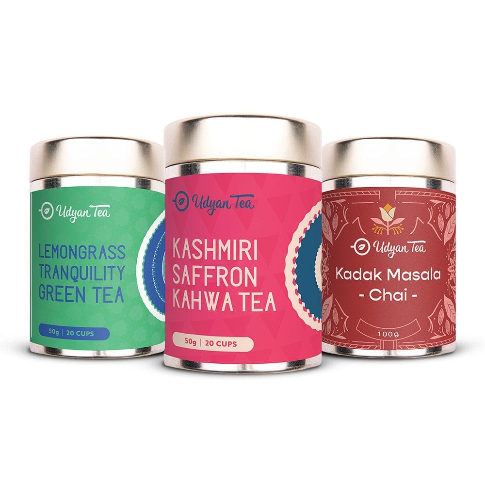 Udyan Tea | Best Seller Combo Pack |  Kashmiri Saffron Kahwa | Lemongrass Tranquility Green Tea | Kadak Masala Chai | 100% Natural Loose Leaves