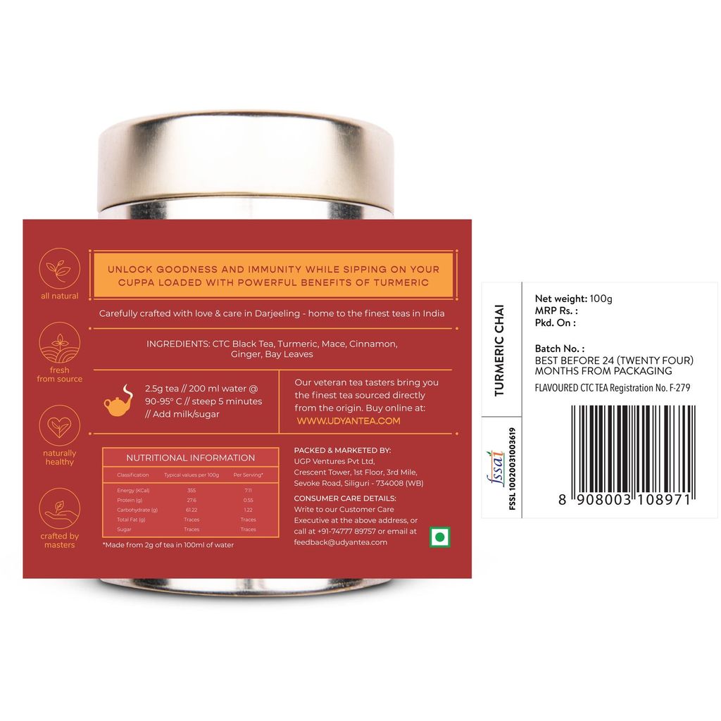 Udyan Tea Turmeric Chai Tea with Cinnamon, Ginger, Mace, Bay Leaves (Herbal), 100% Natural, Boosts Immunity