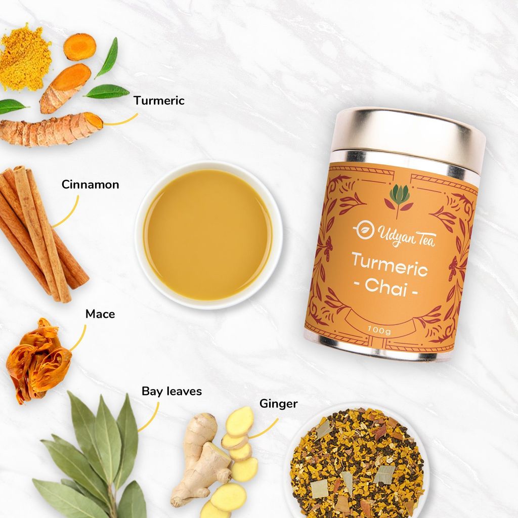 Udyan Tea Turmeric Chai Tea with Cinnamon, Ginger, Mace, Bay Leaves (Herbal), 100% Natural, Boosts Immunity