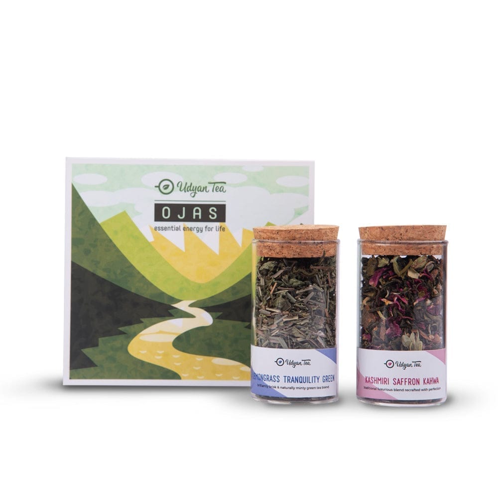 Udyan Tea Ojas Tea Gift Box | Set of 2 Premium Green Teas in Glass Jars with Cork Lid