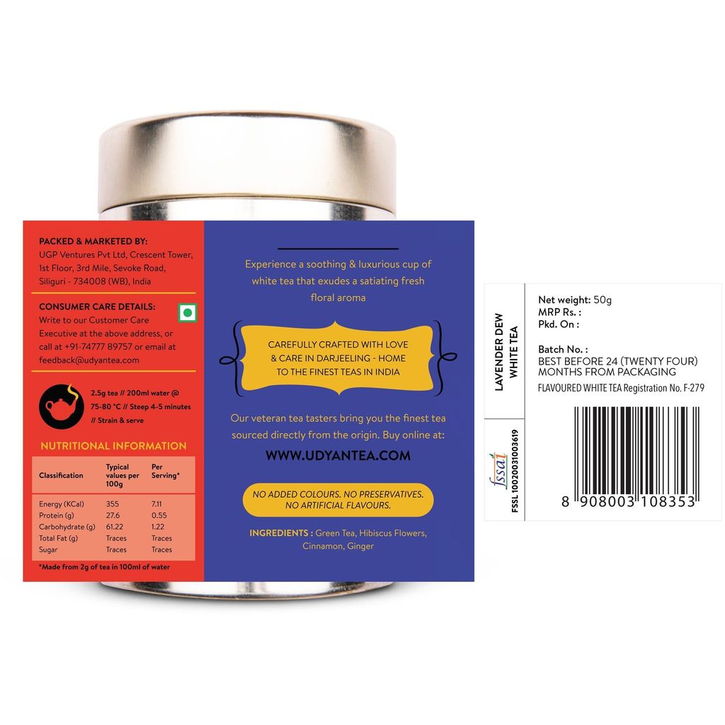 Udyan Tea Lavender Dew White Tea | White Peony Tea with Lavender & Mint, Good for skin