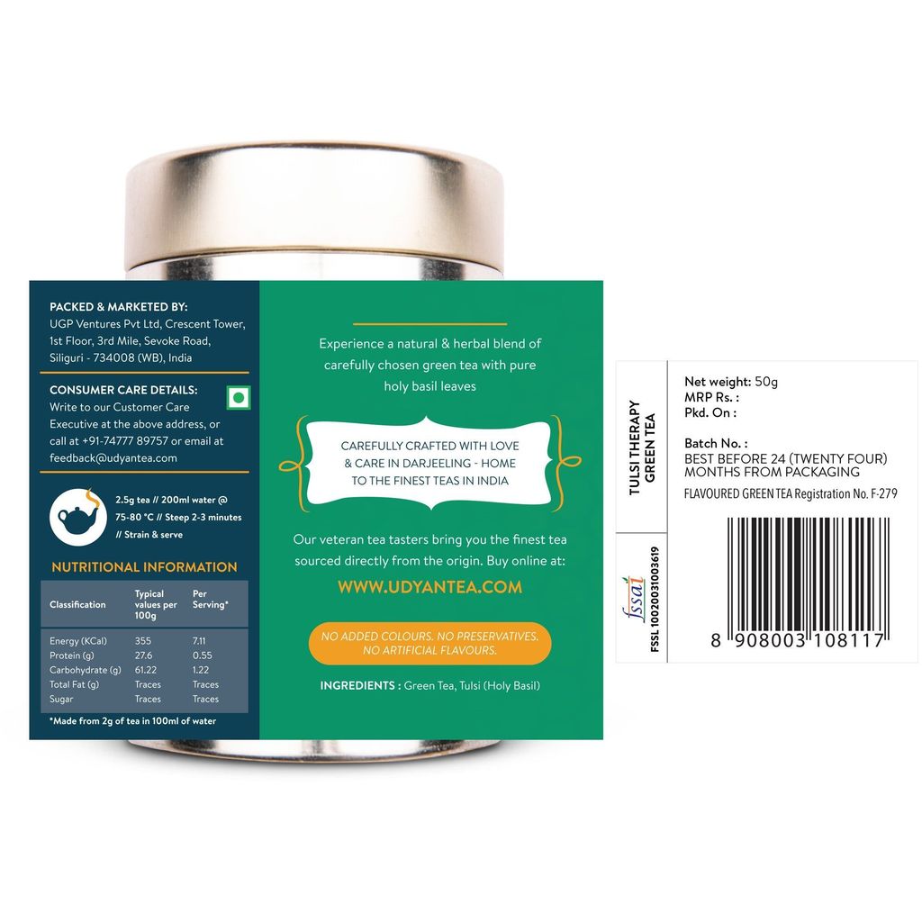 Udyan Tea Tulsi Therapy Green Tea | 100% Natural Immunity Booster Tea (Holy Basil Leaves)