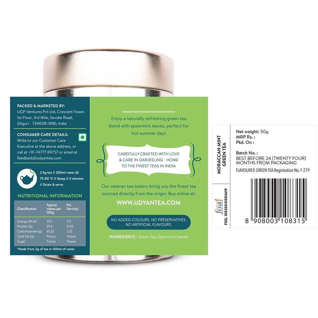 Udyan Tea Moroccan Mint Green Tea | Pure, Refreshing Green Tea Blend with Spearmint Leaves