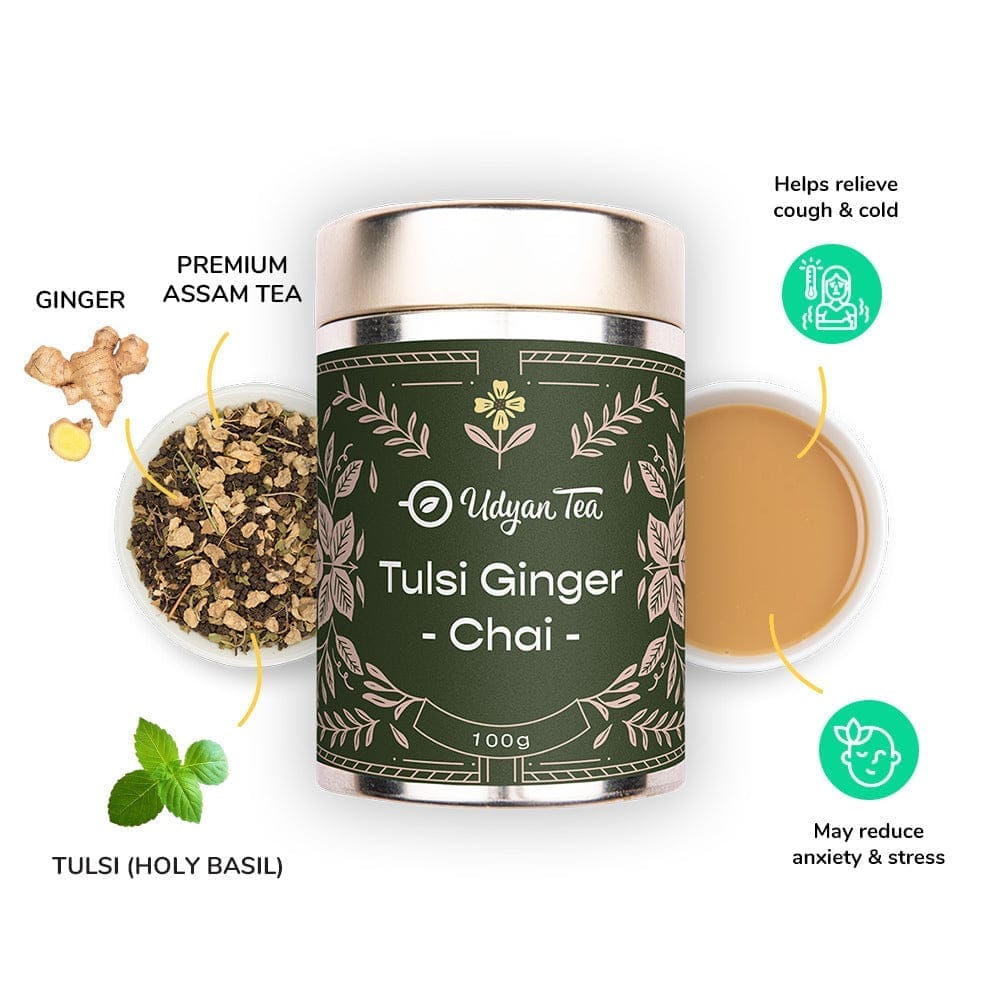 Udyan Tea Tulsi Ginger Chai Tea | Herbal Tea Enriched with Ayurvedic Herbs for Healing & Immunity | Cures Cold & Cough | 100% Pure Loose Leaf Tea