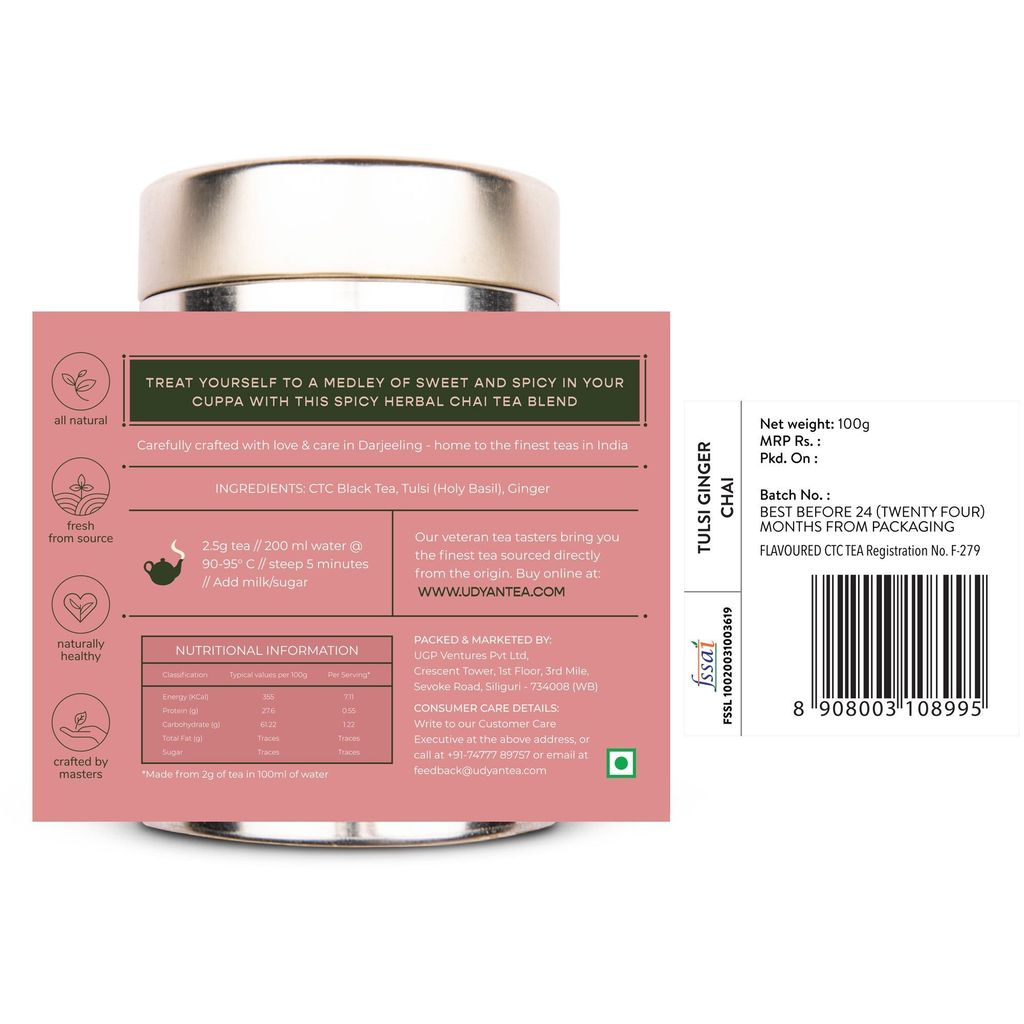 Udyan Tea Tulsi Ginger Chai Tea | Herbal Tea Enriched with Ayurvedic Herbs for Healing & Immunity | Cures Cold & Cough | 100% Pure Loose Leaf Tea