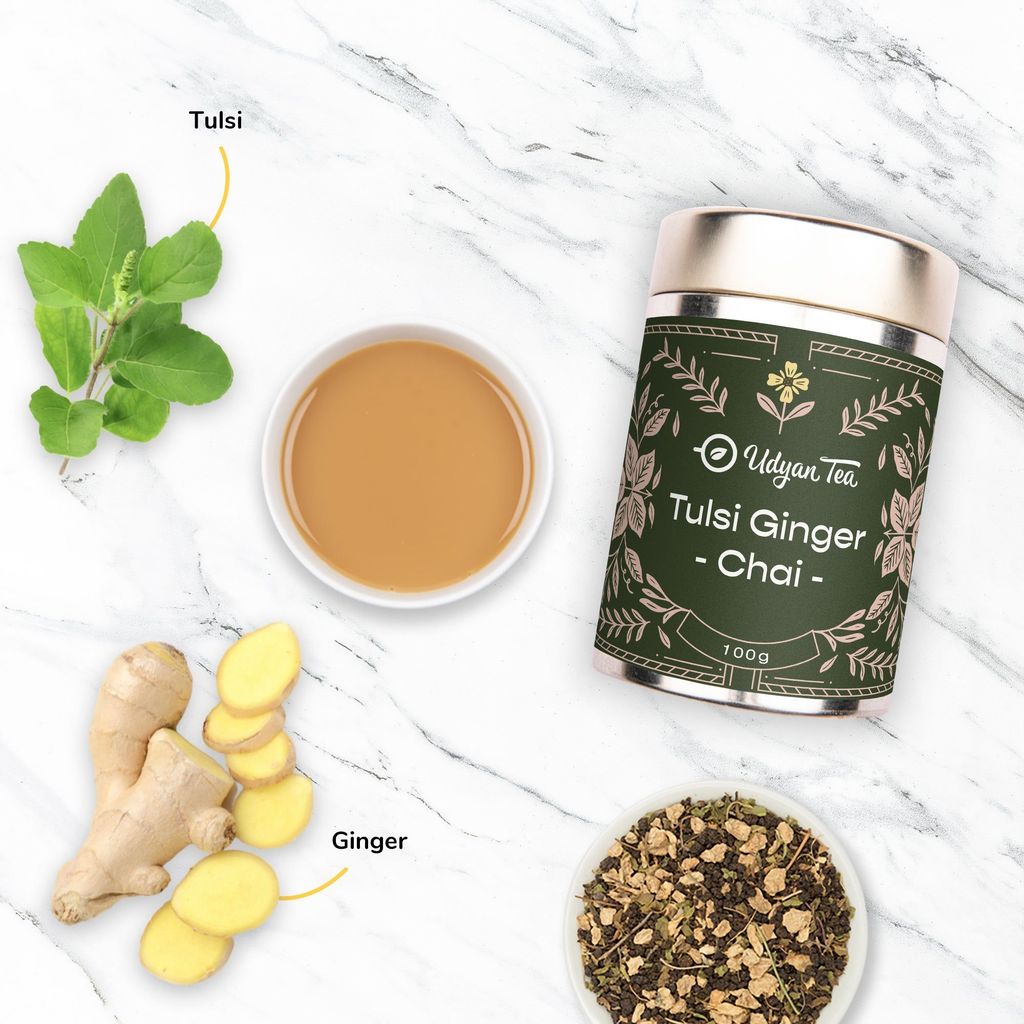 Udyan Tea Tulsi Ginger Chai Tea | Herbal Tea Enriched with Ayurvedic Herbs for Healing & Immunity | Cures Cold & Cough | 100% Pure Loose Leaf Tea