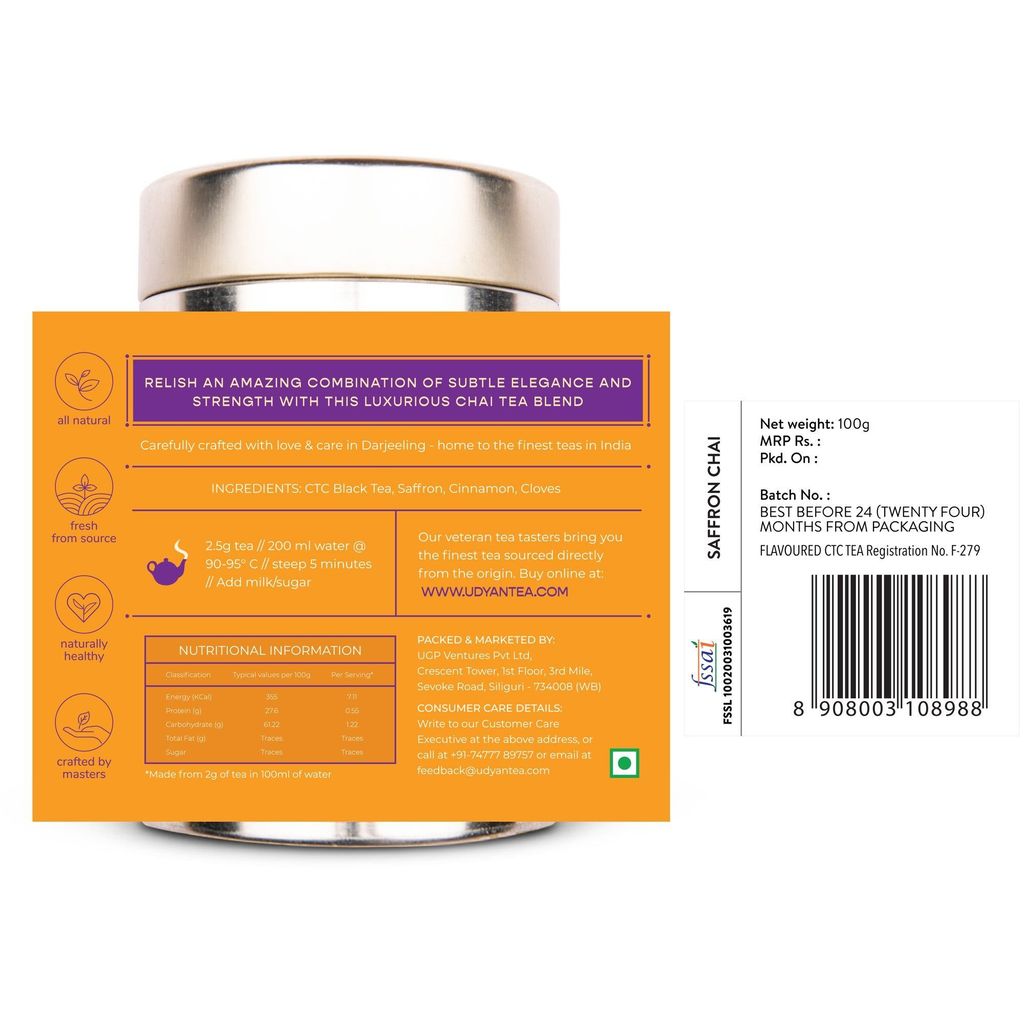 Udyan Tea Saffron Chai Tea | Brews with Milk Natural Indian Spices Loose Leaf Tea
