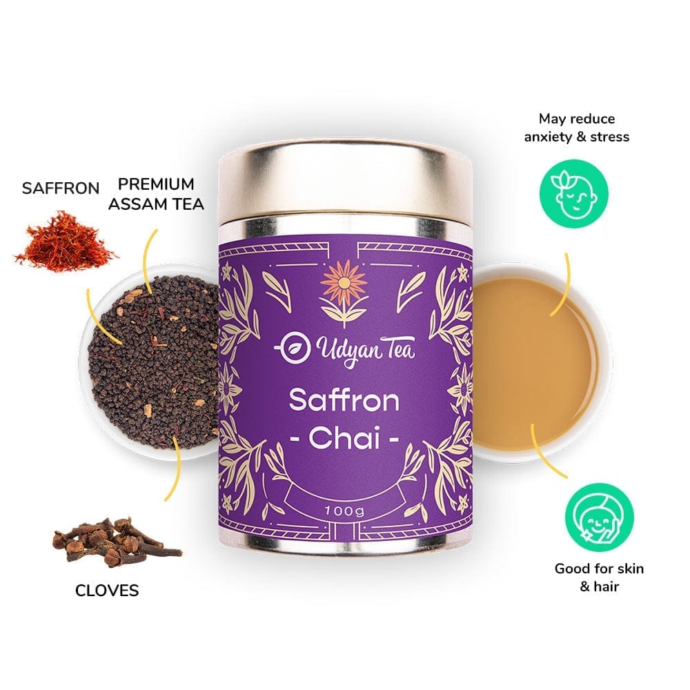 Udyan Tea Saffron Chai Tea | Brews with Milk Natural Indian Spices Loose Leaf Tea