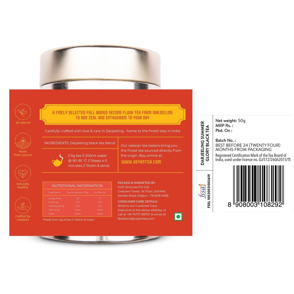 Udyan Tea Darjeeling Summer Glory Black Tea | 100% Pure & Premium Loose Leaf Black Tea from the Second Flush | Authentic Darjeeling Long Leaf Tea