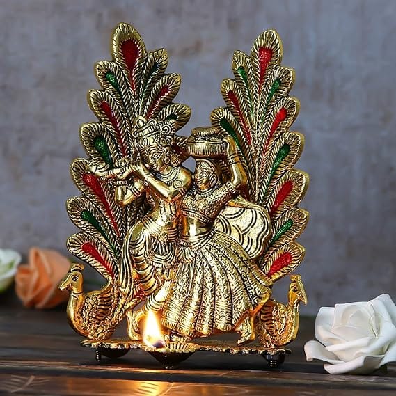 India Peacock Design Radha Krishna Idol Showpiece with Diya