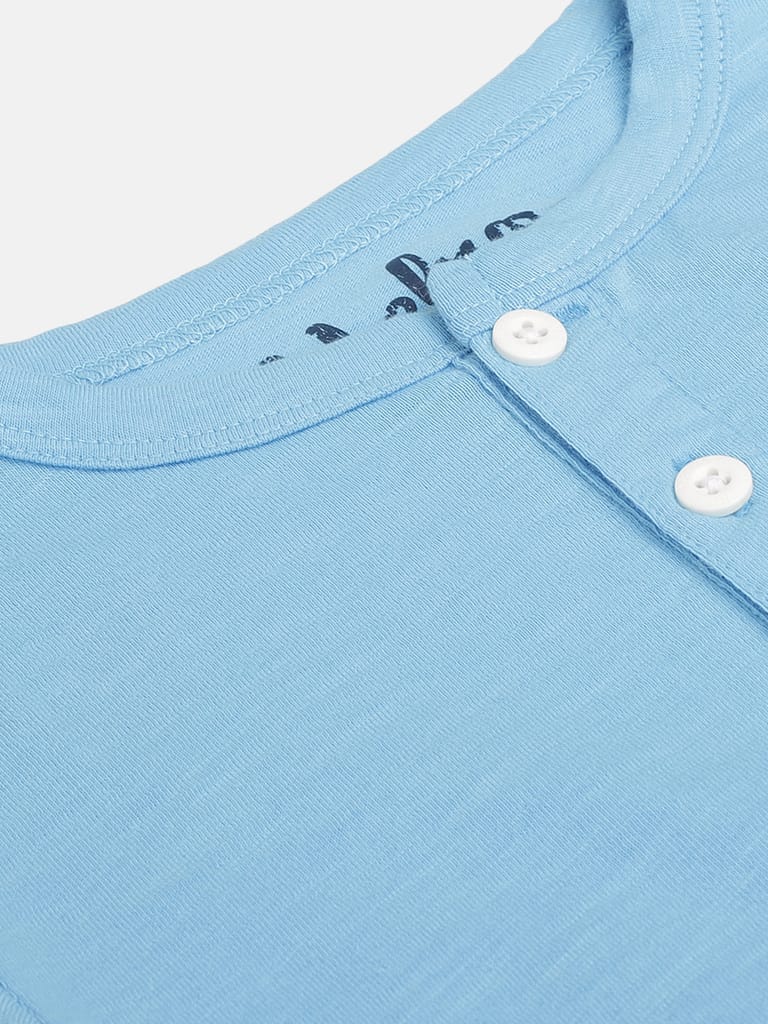 Boys Skyblue Solid Pure Cotton Henley Neck T-shirt
