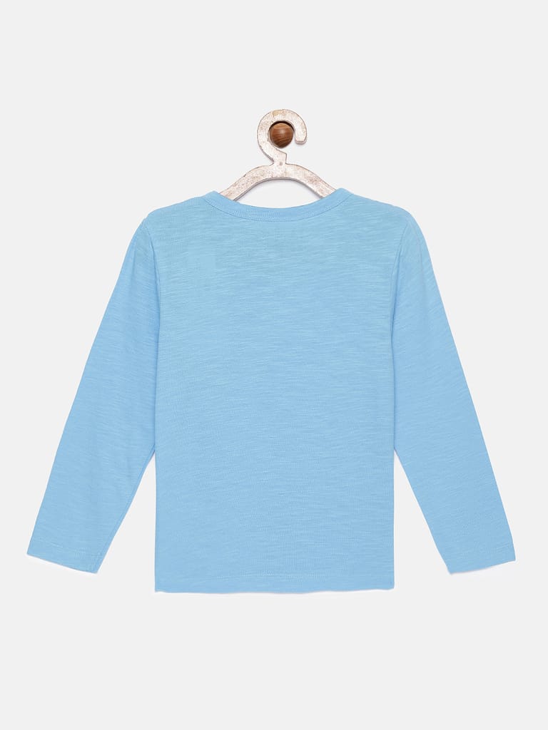 Boys Skyblue Solid Pure Cotton Henley Neck T-shirt