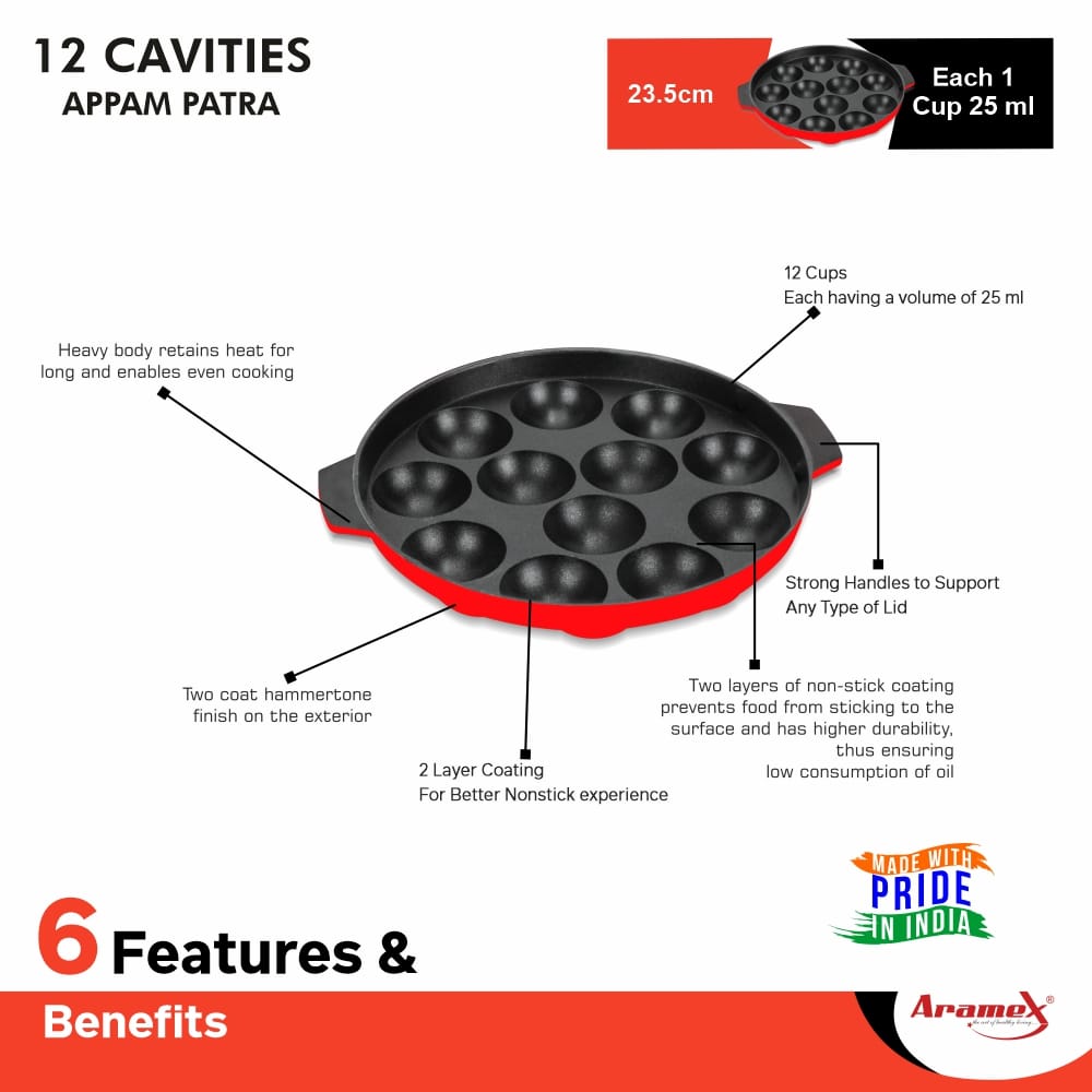 Aramex Non Stick Appam 12 Cavities without Lid