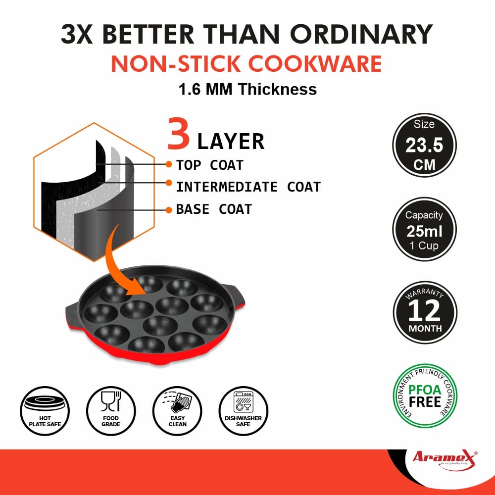 Aramex Non Stick Appam 12 Cavities without Lid