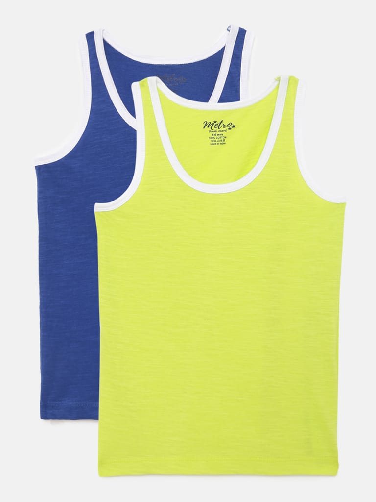 Pack Of 2 Boys Blue And Lime Green Round Neck Pure Cotton Vest