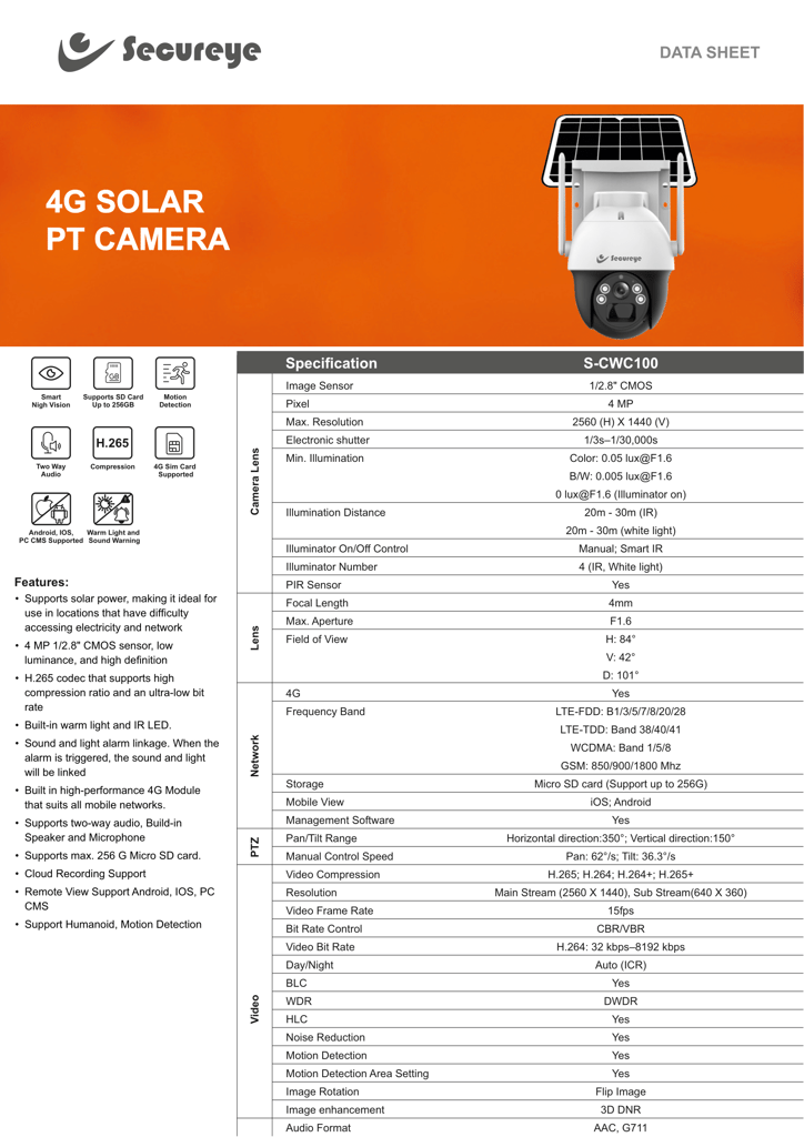 Secureye 4G Solar PT Camera (S-CWC100) | Wireless, sim card option, Pan/Tilt, Color Night Vision (1Yr Brand Warranty)