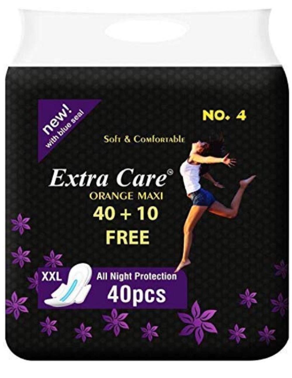 Extra Care Black Maxi Sanitary Pads for Women | Skin Friendly, Odour free Sanitary Napkins (40 Sanitary Pads + 10 Panty Liners, Size 2XL)