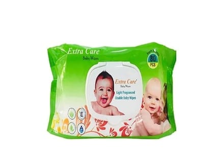 Extra Care Natural Baby Green Wipes 80 piece ( pack of 1) | Soft Cleansing Wet Water Wipes for babies with Lid