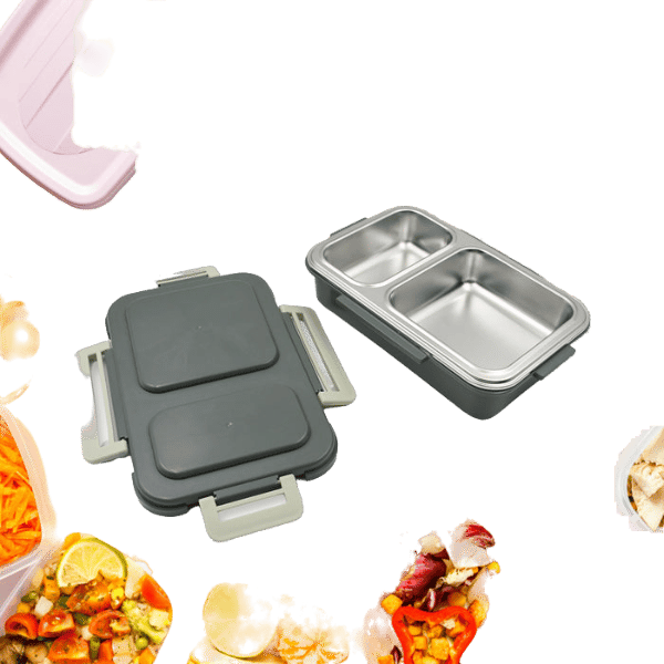 Miracle Quick Lock Leak Proof 2 Compartment Stainless Steel Lunch Box Inner Plate Reusable Microwave Freezer Safe Lunch Box