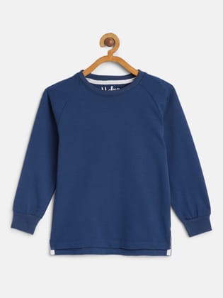 Boys Navy Blue Organic Cotton Self Design Hooded Sweatshirt