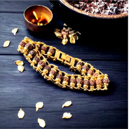 Brass Rudraksha Bracelet For Men | Real Certified 5 Mukhi Rudraksha Beads Embedded in Original Gold Plated (Pack of 1)