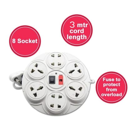 Extension Cord 8+1 Round LED Indicator Switch 3 mtr Long Cable (White)