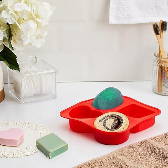 4 Cavity Different Basic Plain Square Heart Oval Round Soap Bar Silicone Mould Candle Making for Homemade (Pack of 1)