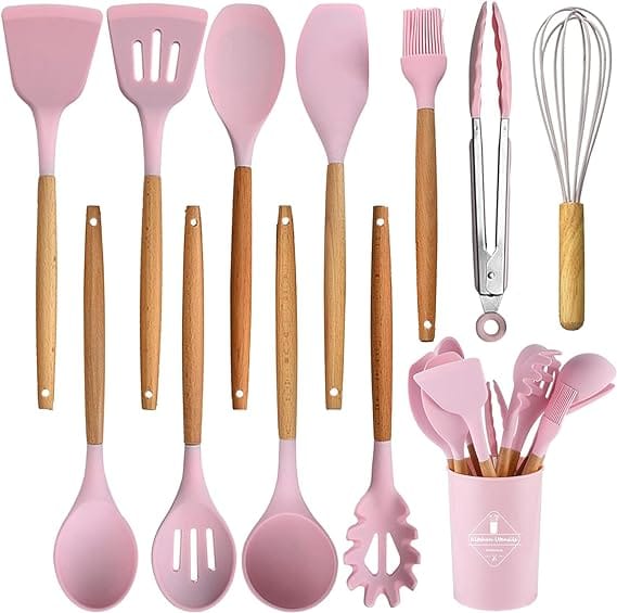 SAUDAGAR Enterprises 12 Pcs Silicone Kitchen Utensils Set with Holder, Cooking Utensil Sets Spatula Turner Heat Resistant Tool Gadgets with Wooden Handle for Nonstick Cookware (Set of 12) (Pink)