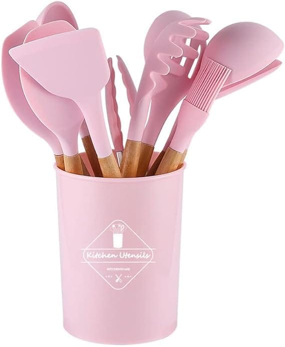 SAUDAGAR Enterprises 12 Pcs Silicone Kitchen Utensils Set with Holder, Cooking Utensil Sets Spatula Turner Heat Resistant Tool Gadgets with Wooden Handle for Nonstick Cookware (Set of 12) (Pink)
