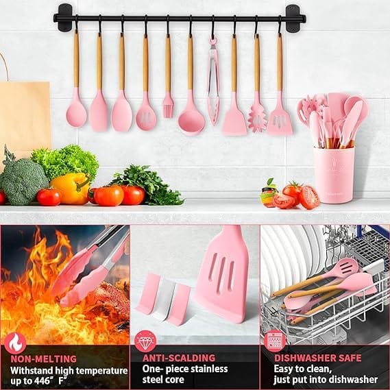 SAUDAGAR Enterprises 12 Pcs Silicone Kitchen Utensils Set with Holder, Cooking Utensil Sets Spatula Turner Heat Resistant Tool Gadgets with Wooden Handle for Nonstick Cookware (Set of 12) (Pink)