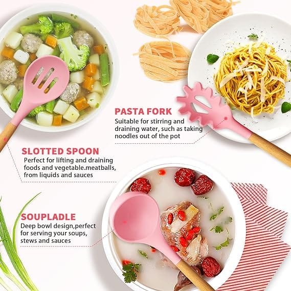 SAUDAGAR Enterprises 12 Pcs Silicone Kitchen Utensils Set with Holder, Cooking Utensil Sets Spatula Turner Heat Resistant Tool Gadgets with Wooden Handle for Nonstick Cookware (Set of 12) (Pink)