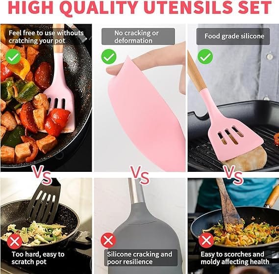SAUDAGAR Enterprises 12 Pcs Silicone Kitchen Utensils Set with Holder, Cooking Utensil Sets Spatula Turner Heat Resistant Tool Gadgets with Wooden Handle for Nonstick Cookware (Set of 12) (Pink)