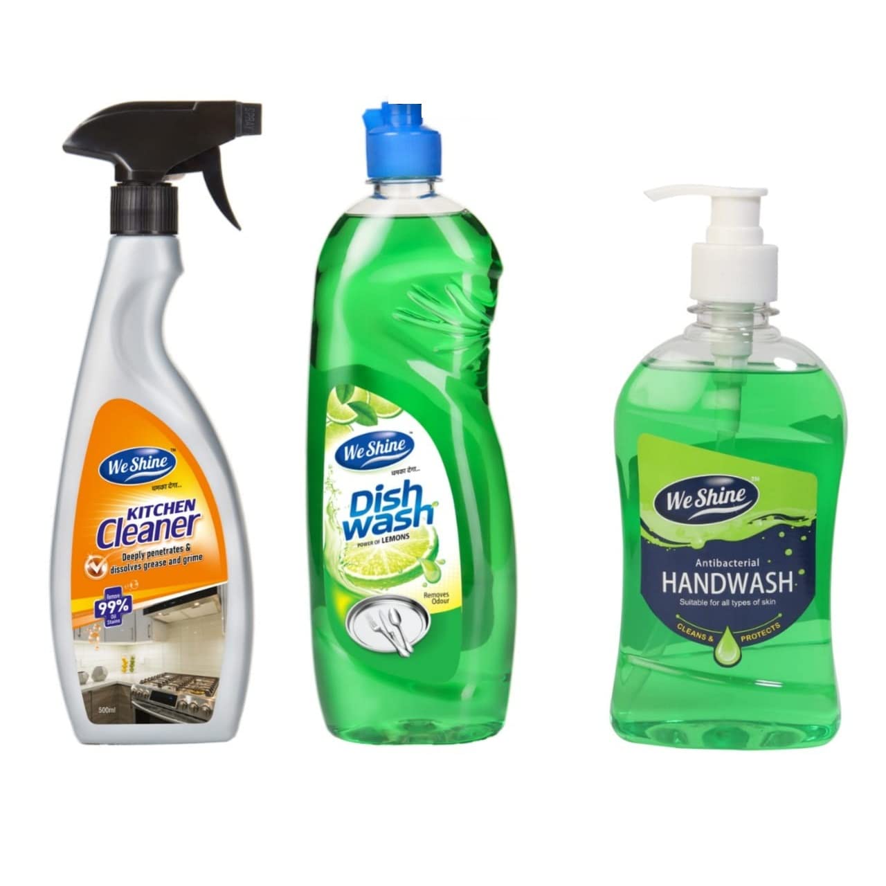 We Shine Combo Set Dishwash, Kitchen Cleaner Spray & Handwash Kills 99.99% Germs and bacteria with refreshing Fragnance-(750ML Dishwash+500+500ML Kitchen and Handwash)