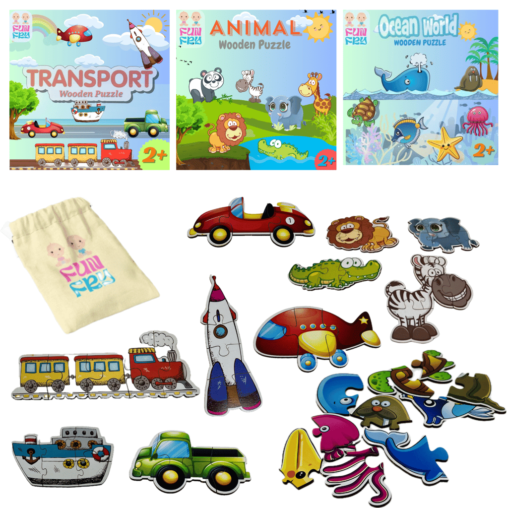 FUN FRY Montessori Jigsaw Puzzles Wooden Puzzles Gift for Kids Ages 2-5 Years with 18 Different Shapes Educational Puzzle Toys- Kids Puzzle Games, Birthday Gift (Ocean Vehicle Animal Puzzle Combo) - Toys and Games | Buy online on ZillyBuy