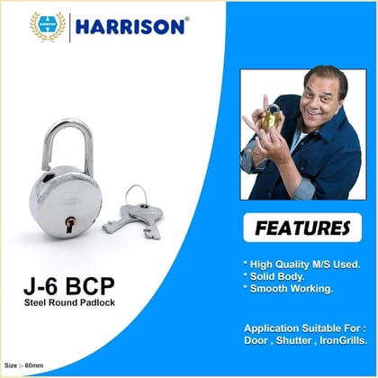 Harrison Padlocks/Round Padlock 60mm 6 Lever with 2 Keys J-6-0264 Pack of 2/ Mild Steel Material/Bright Chrome Polished Finish/Door Lock, Shutter Lock, Godown Lock, gate Lock
