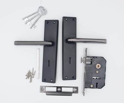 Harrison May Bach KY-951606 Sleek Stainless Steel 8inch Mortise Door Handle and 65mm Lock piece with Black Matt Finish Door Locks for Main Door, Suitable for Office/Hotel/Home