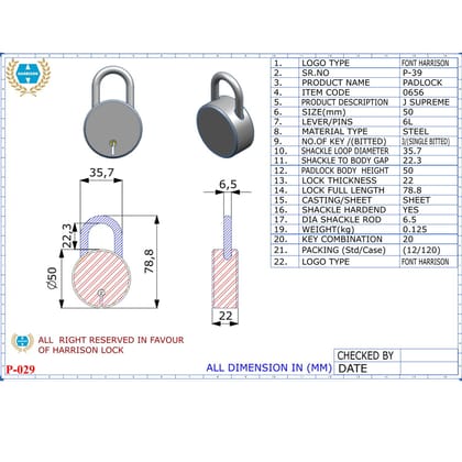 HARRISON 0663 J Supreme Round 65MM Padlock with 3 Keys, (Long Shackle) Padlock  (Silver)