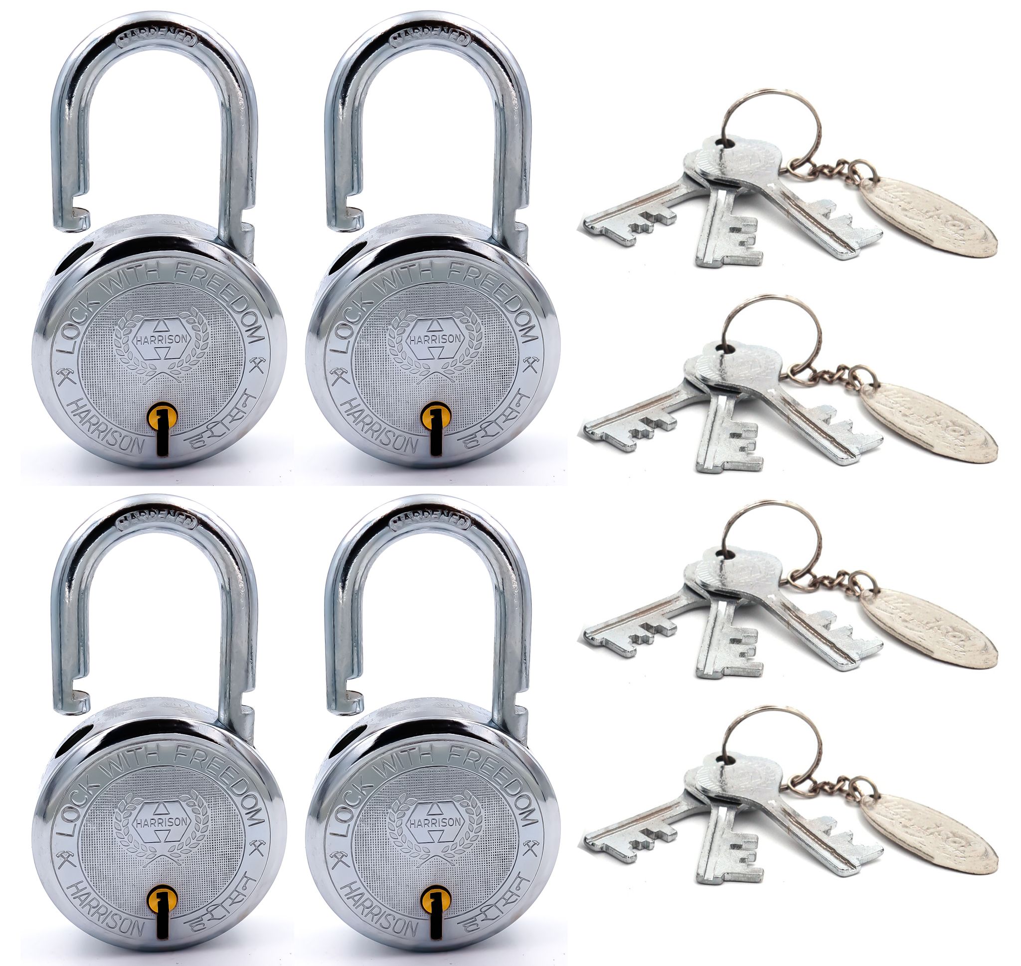 Harrison Padlocks/Round Padlock 75mm 9 Lever with 3 Keys T-26-0255 Pack of 4/ Mild Steel Material/Bright Chrome Polished Finish/Door Lock, Shutter Lock, Godown Lock, gate Lock
