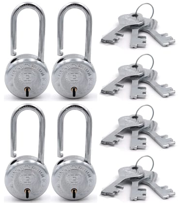 Harrison Padlocks/Round Padlock 65mm 8 Lever with 3 Keys T-26LS-0245 Pack of 4/ Mild Steel Material/Bright Chrome Polished Finish/Door Lock, Shutter Lock, Godown Lock, gate Lock