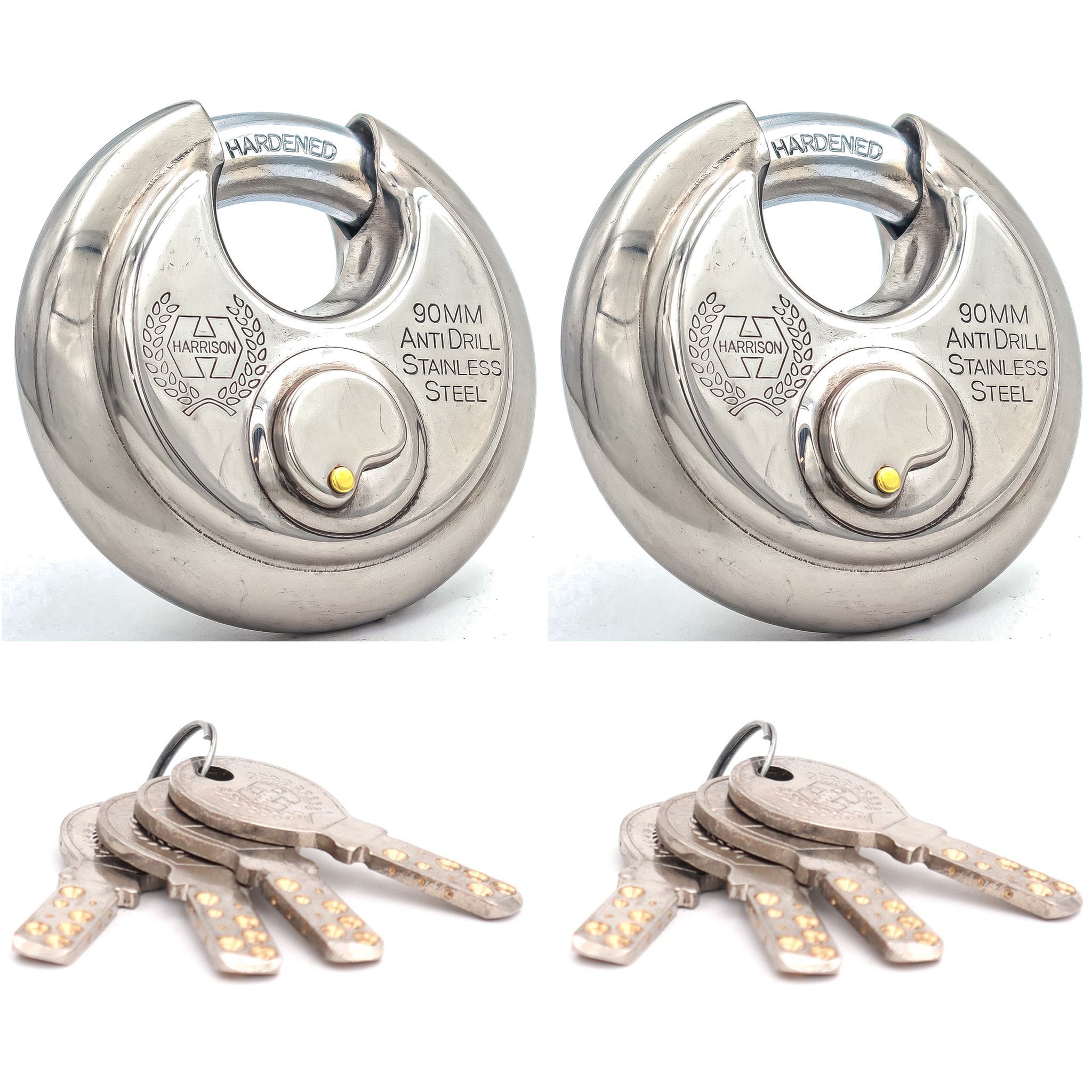 Harrison Padlocks/Round Padlock 90mm 12 Pin with 3 Computerised Keys ROCK-STAR-0404 Pack of 2/ Mild Steel Material/Stainless Steel Finish/Door Lock, Shutter Lock, Godown Lock, gate Lock