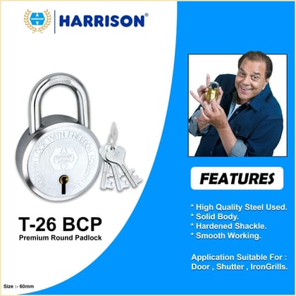 Harrison Padlocks/Round Padlock 60mm 7 Lever with 3 Keys T-26-0277 Pack of 1/ Mild Steel Material/Bright Chrome Polished Finish/Door Lock, Shutter Lock, Godown Lock, gate Lock