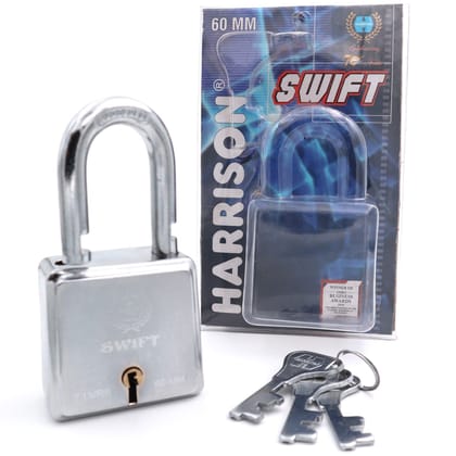 Harrison Padlocks/Square Padlock 60mm 7 Lever with 3 Keys SWIFT-0229 Pack of 1/ Mild Steel Material/Bright Chrome Plated Finish/Door Lock, Shutter Lock, Godown Lock, gate Lock