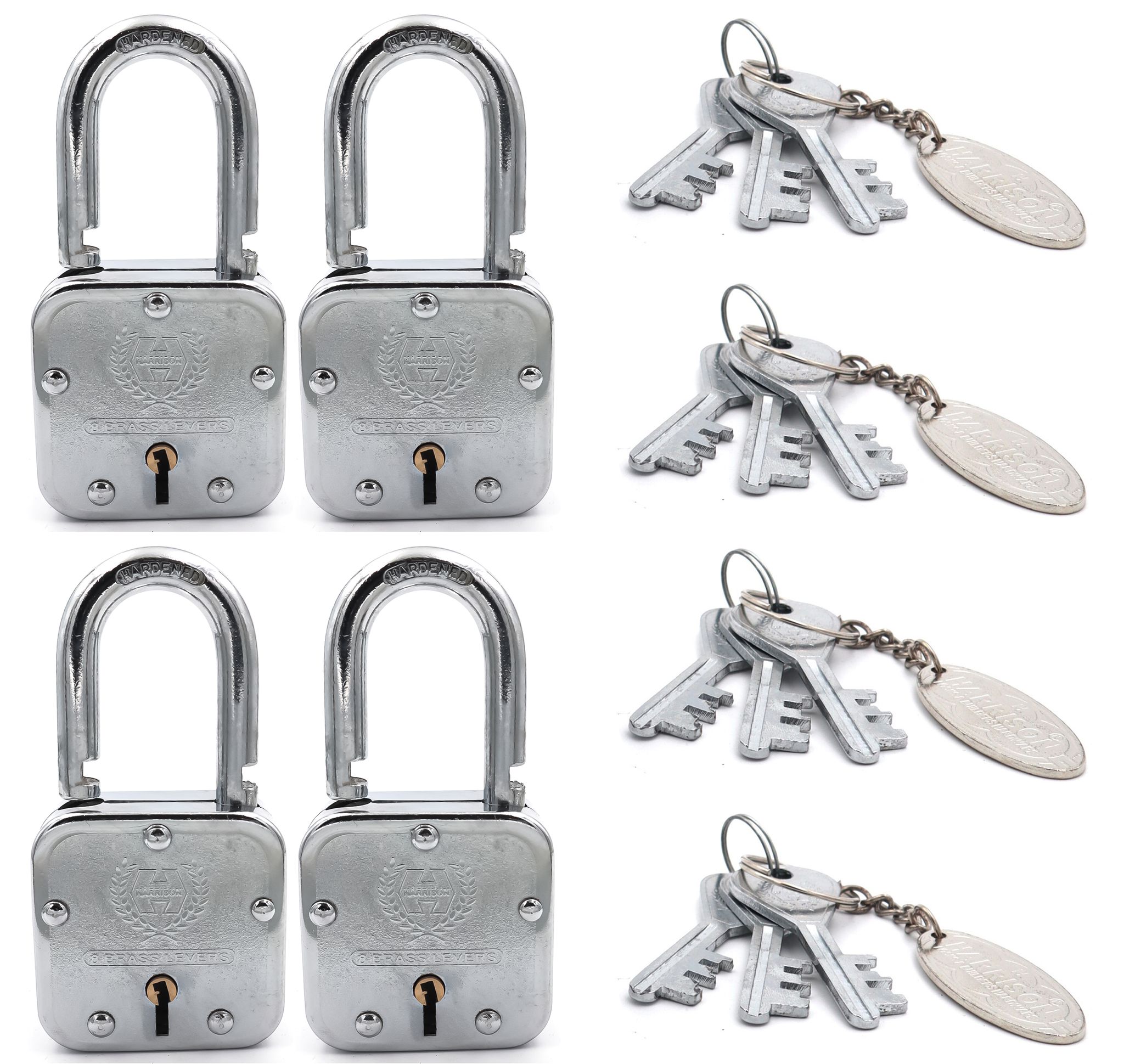 Harrison Padlocks/Square Padlock 65mm 8 Lever with 3 Keys T-27-0033 Pack of 4/ Mild Steel Material/Bright Chrome Plated Finish/Door Lock, Shutter Lock, Godown Lock, gate Lock
