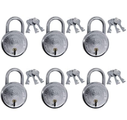 Harrison Padlocks/Round Padlock 50mm 6 Lever with 3 Keys T-26-0274 Pack of 6/ Mild Steel Material/Bright Chrome Polished Finish/Door Lock, Shutter Lock, Godown Lock, gate Lock