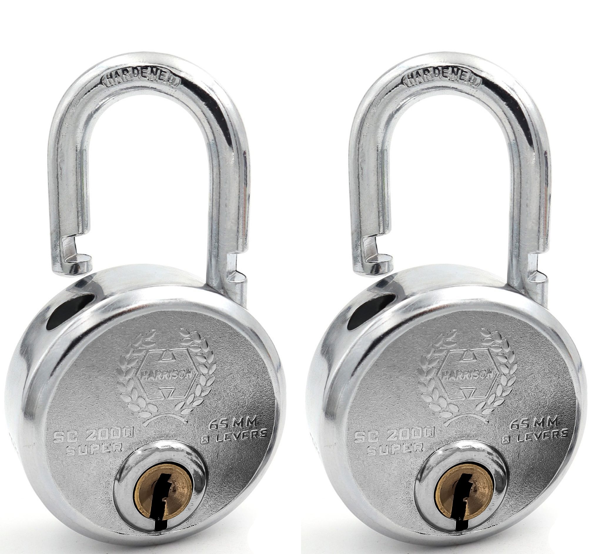 Harrison Padlocks/Round Padlock 65mm 8 Lever with 4 Keys SC-2000-0536 Pack of 2/ Mild Steel Material/Bright Chrome Plated Finish/Door Lock, Shutter Lock, Godown Lock, gate Lock